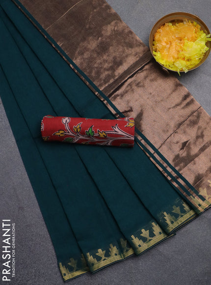 Bengal soft cotton saree peacock green and maroon with plain body and zari woven border