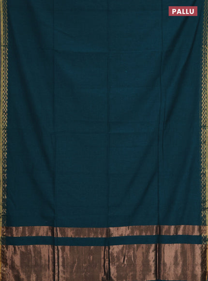 Bengal soft cotton saree peacock green and maroon with plain body and zari woven border