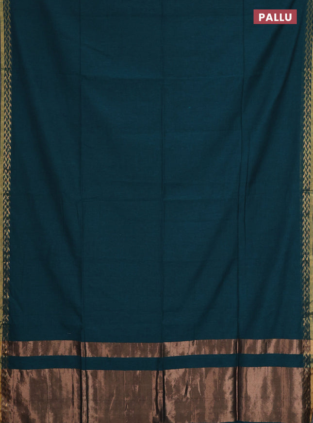 Bengal soft cotton saree peacock green and maroon with plain body and zari woven border