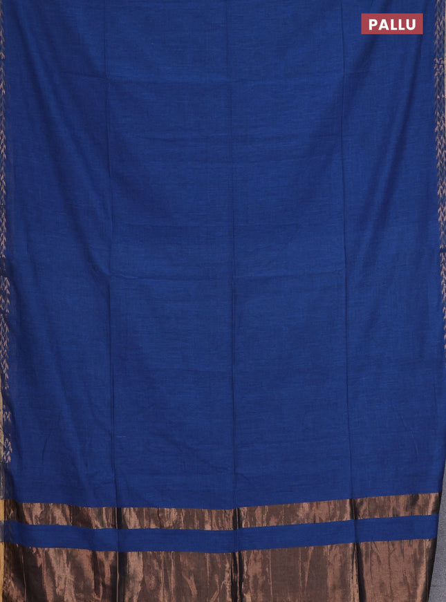 Bengal soft cotton saree blue and dark mustard with plain body and zari woven border