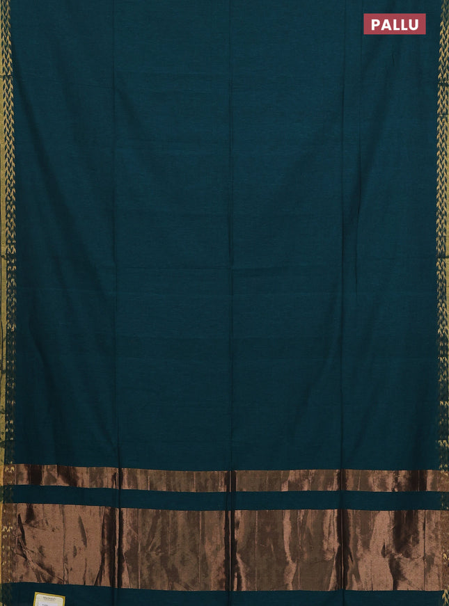 Bengal soft cotton saree peacock green and maroon with plain body and zari woven border