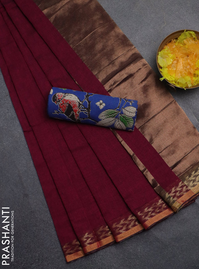Bengal soft cotton saree dark magenta pink and blue with plain body and zari woven border