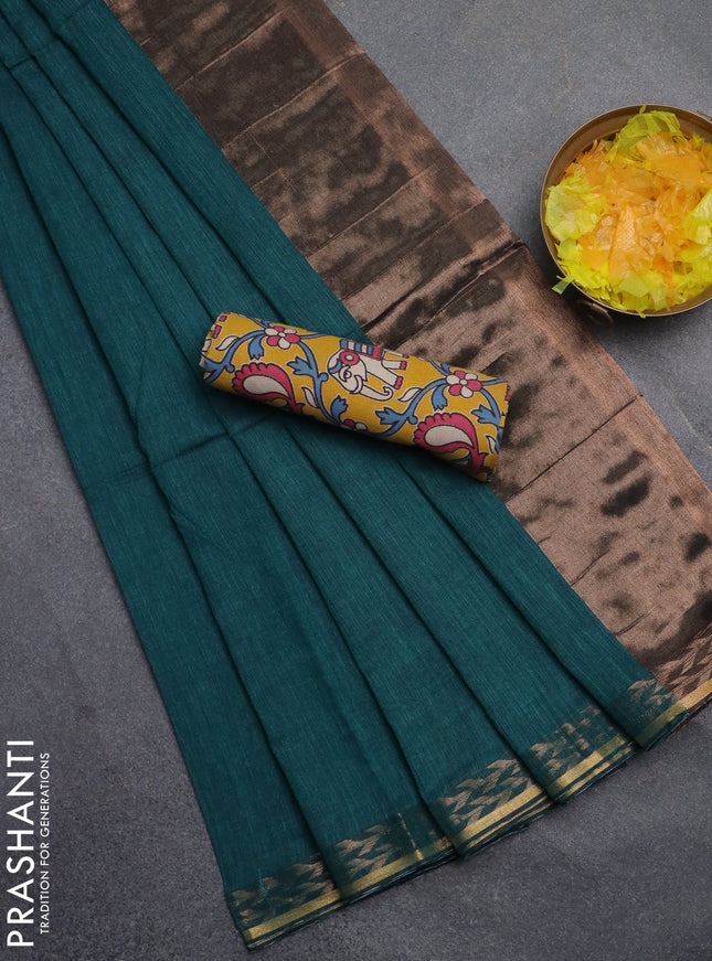 Bengal soft cotton saree teal green and mustard yellow with plain body and zari woven border