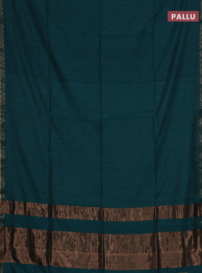 Bengal soft cotton saree teal green and mustard yellow with plain body and zari woven border