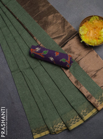 Bengal soft cotton saree pastel green and violet with plain body and zari woven border