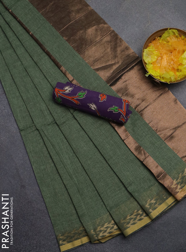 Bengal soft cotton saree pastel green and violet with plain body and zari woven border