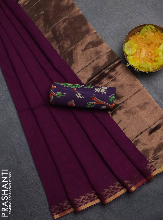 Bengal soft cotton saree purple and violet with plain body and zari woven border