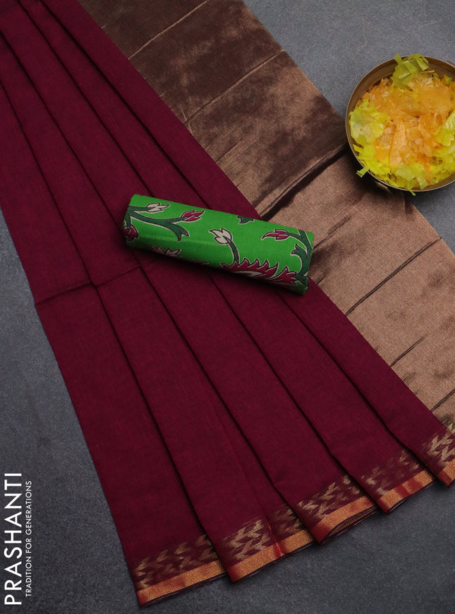 Bengal soft cotton saree dark magenta pink and green with plain body and zari woven border