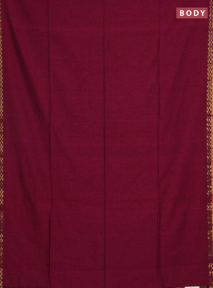 Bengal soft cotton saree dark magenta pink and green with plain body and zari woven border