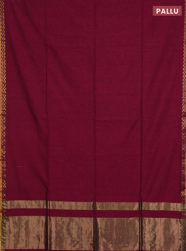 Bengal soft cotton saree dark magenta pink and green with plain body and zari woven border