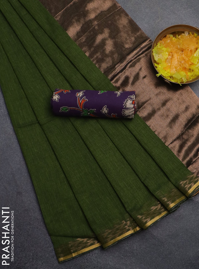 Bengal soft cotton saree sap green and violet with plain body and zari woven border