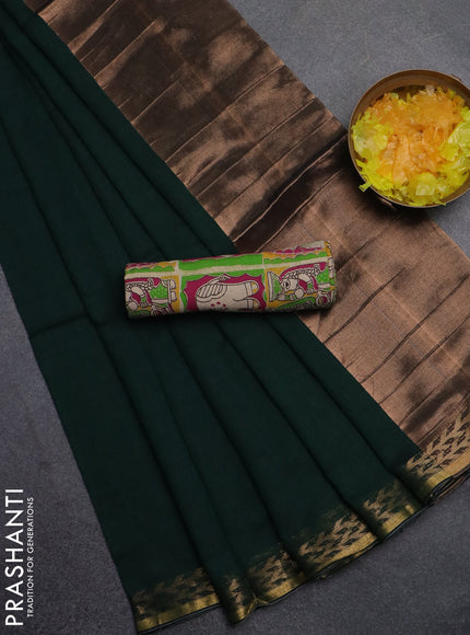 Bengal soft cotton saree dark green and magenta pink with plain body and zari woven border