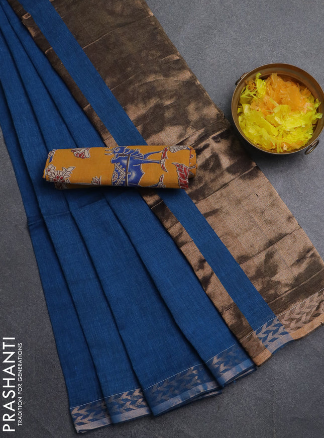 Bengal soft cotton saree cs blue and mustard yellow with plain body and zari woven border