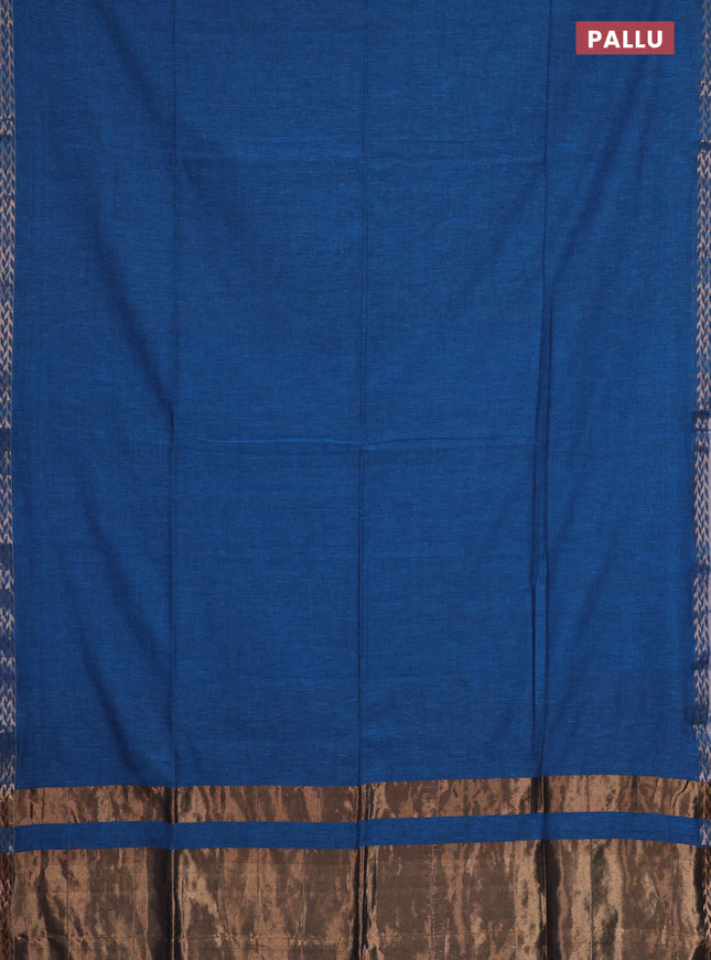 Bengal soft cotton saree cs blue and mustard yellow with plain body and zari woven border