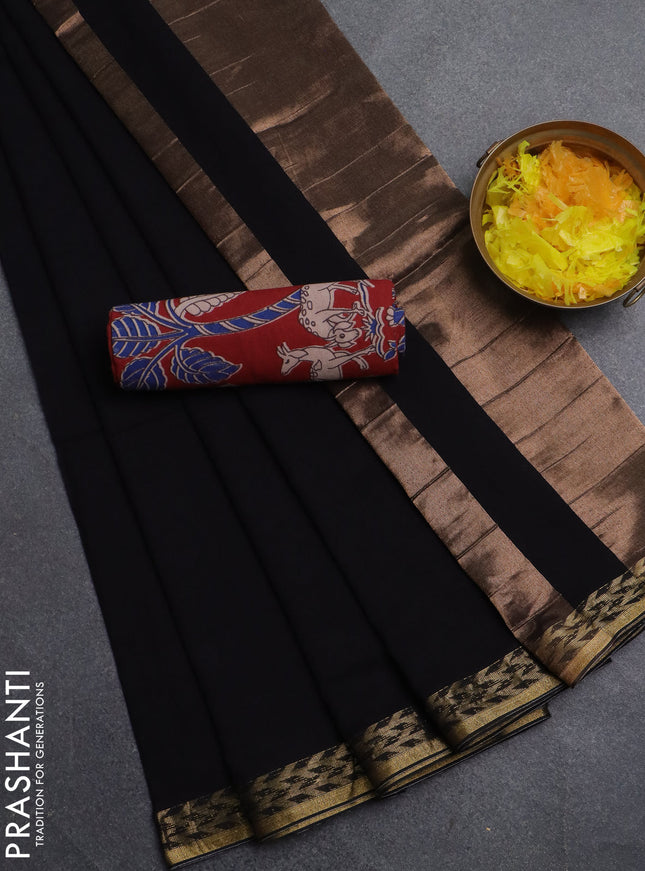 Bengal soft cotton saree black and maroon with plain body and zari woven border