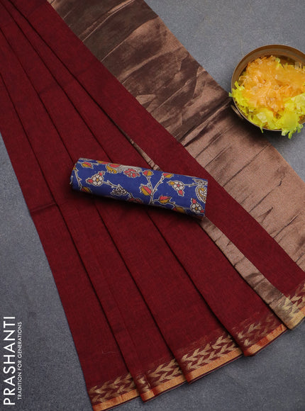 Bengal soft cotton saree maroon and blue with plain body and zari woven border