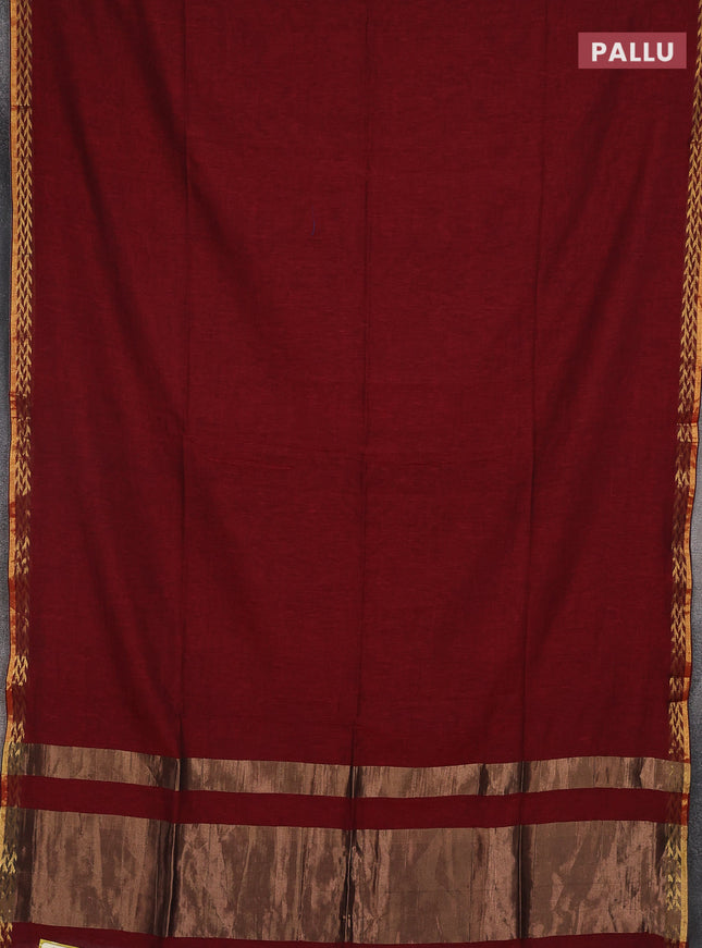 Bengal soft cotton saree maroon and blue with plain body and zari woven border