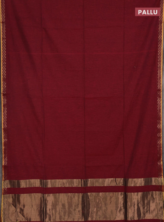 Bengal soft cotton saree maroon and blue with plain body and zari woven border