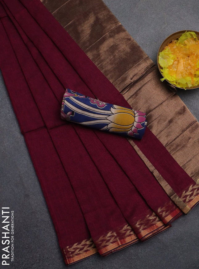 Bengal soft cotton saree dark magenat pink and blue with plain body and zari woven border