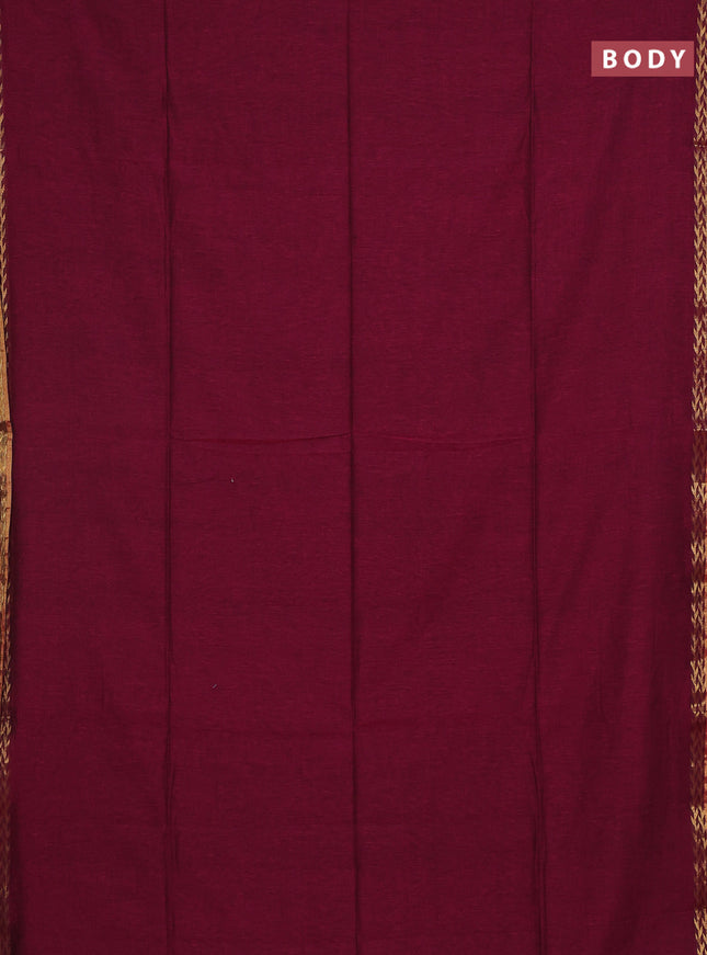 Bengal soft cotton saree dark magenat pink and blue with plain body and zari woven border