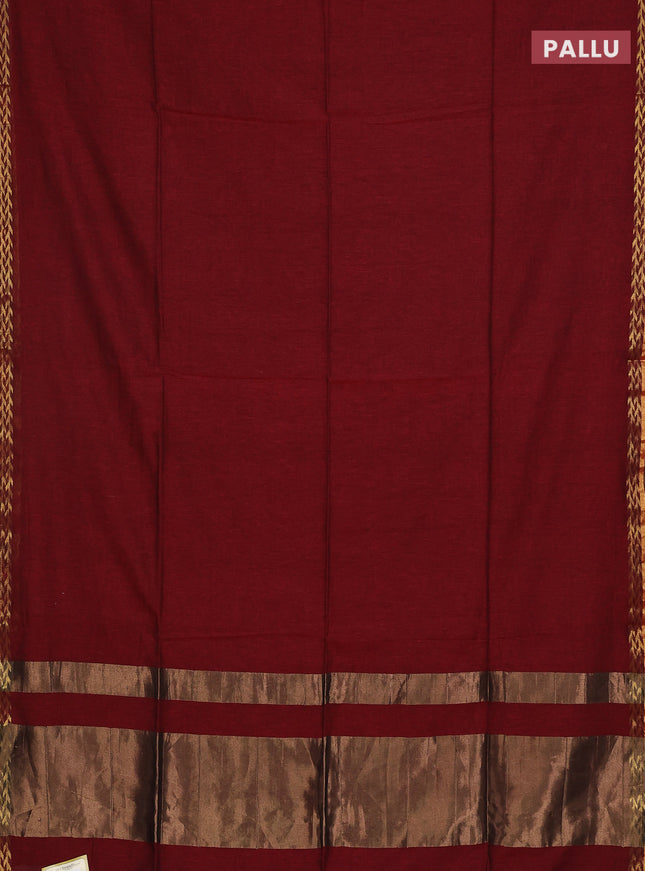 Bengal soft cotton saree maroon and blue with plain body and zari woven border