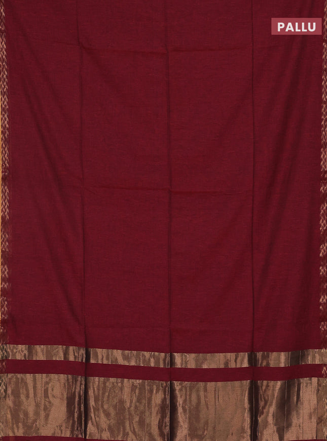 Bengal soft cotton saree deep maroon and blue with plain body and zari woven border