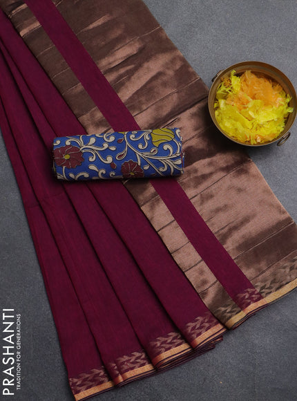 Bengal soft cotton saree dark magenat pink and blue with plain body and zari woven border