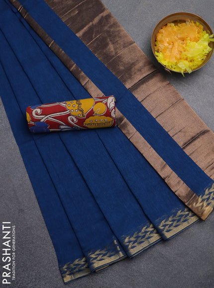 Bengal soft cotton saree peacock blue and maroon with plain body and zari woven border