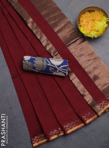 Bengal soft cotton saree maroon and blue with plain body and zari woven border