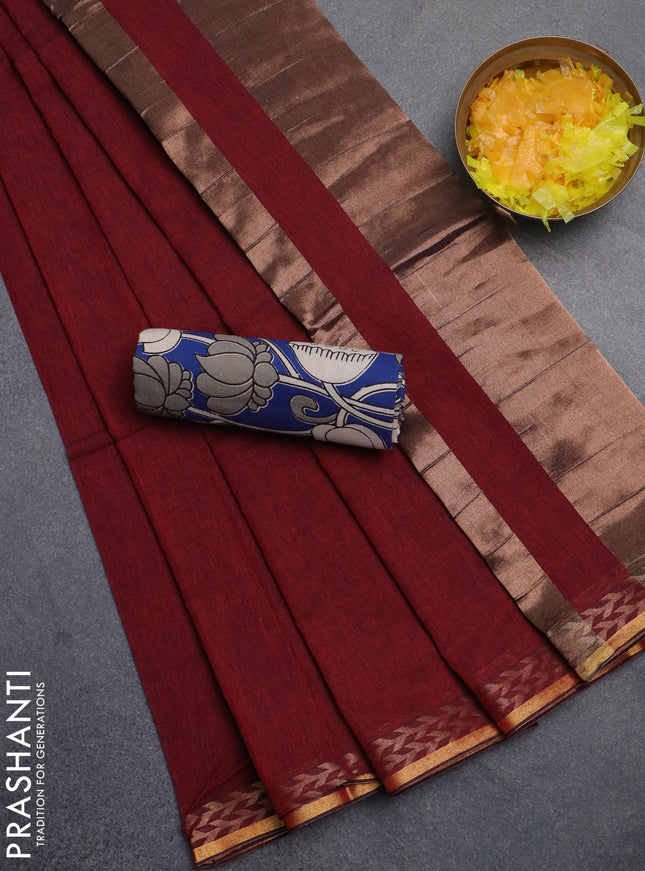 Bengal soft cotton saree maroon and blue with plain body and zari woven border