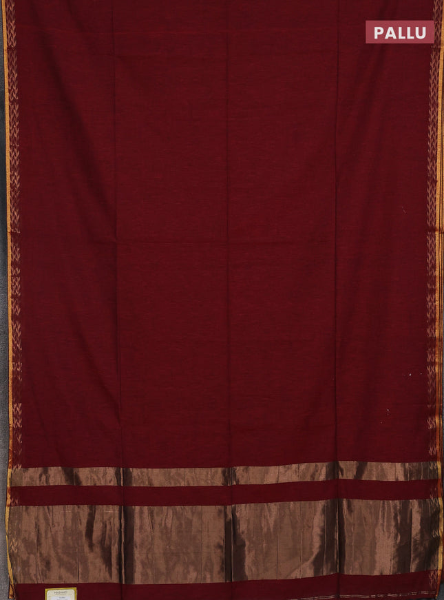 Bengal soft cotton saree maroon and blue with plain body and zari woven border
