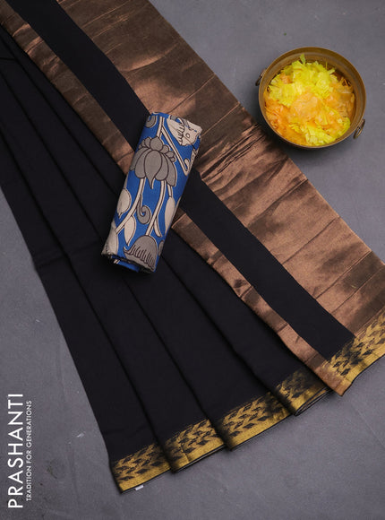 Bengal soft cotton saree black and blue with plain body and zari woven border
