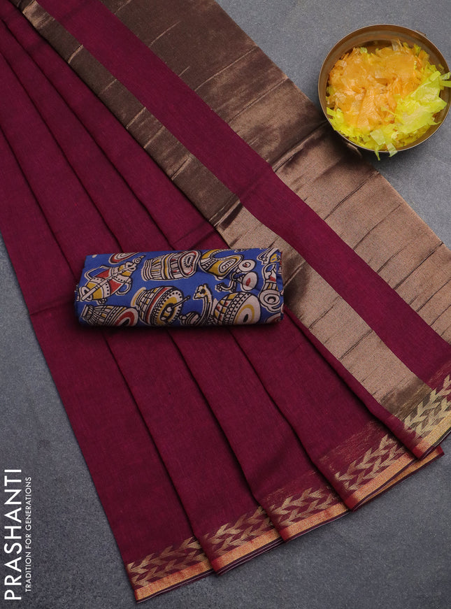 Bengal soft cotton saree dark magenat pink and blue with plain body and zari woven border
