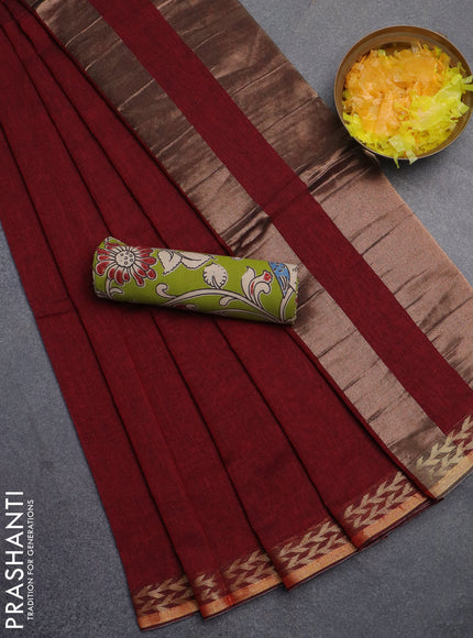 Bengal soft cotton saree maroon and light green with plain body and zari woven border