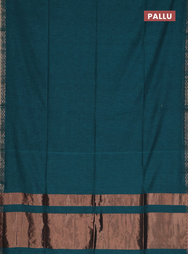 Bengal soft cotton saree teal green and light green with plain body and zari woven border
