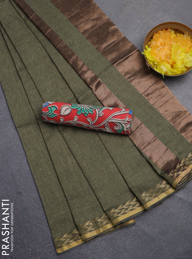 Bengal soft cotton saree pastel green and red with plain body and zari woven border