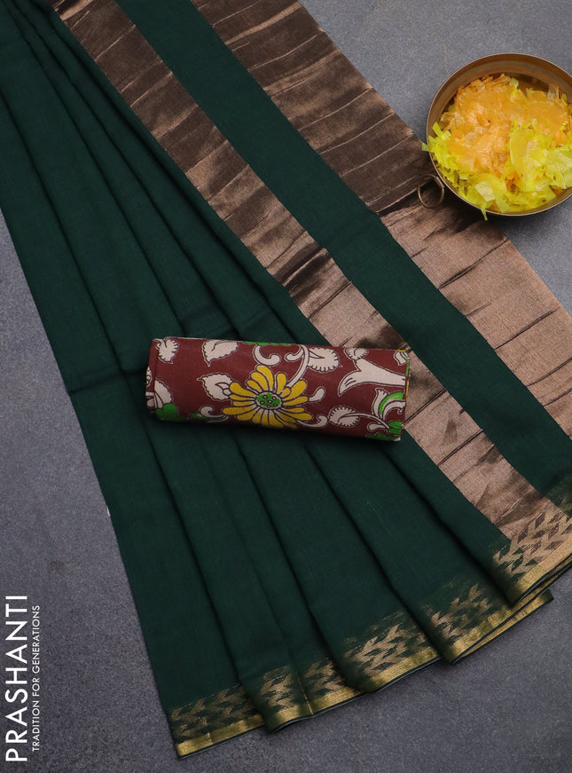 Bengal soft cotton saree dark green and deep maroon with plain body and zari woven border