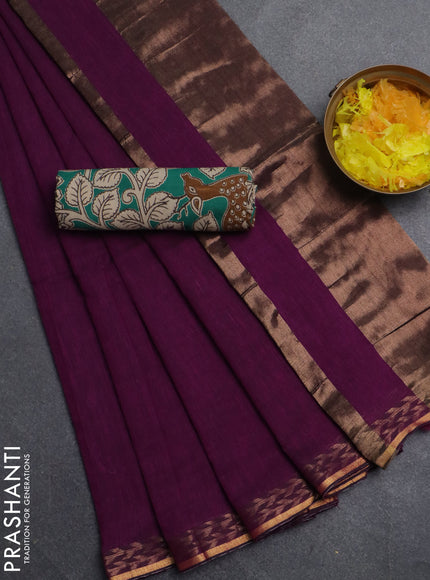 Bengal soft cotton saree purple and green with plain body and zari woven border