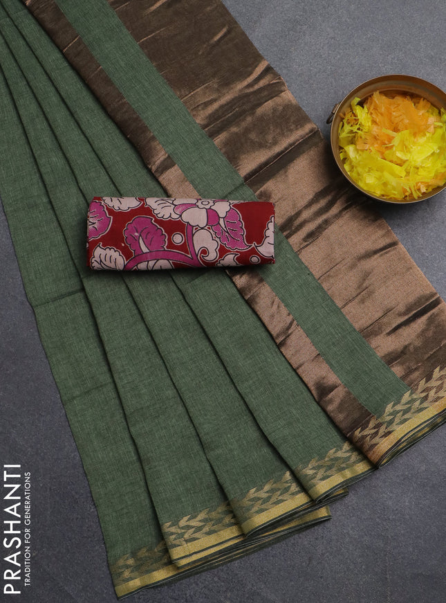 Bengal soft cotton saree pastel green and maroon with plain body and zari woven border