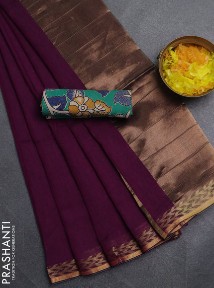 Bengal soft cotton saree purple and green with plain body and zari woven border