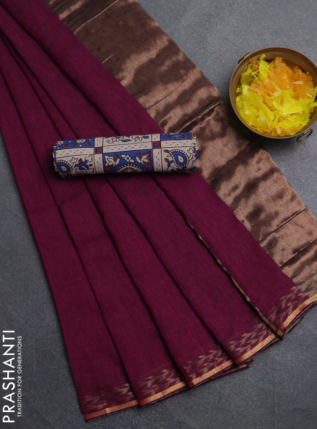 Bengal soft cotton saree purple and beige blue with plain body and zari woven border