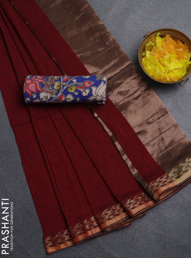 Bengal soft cotton saree maroon and blue with plain body and zari woven border
