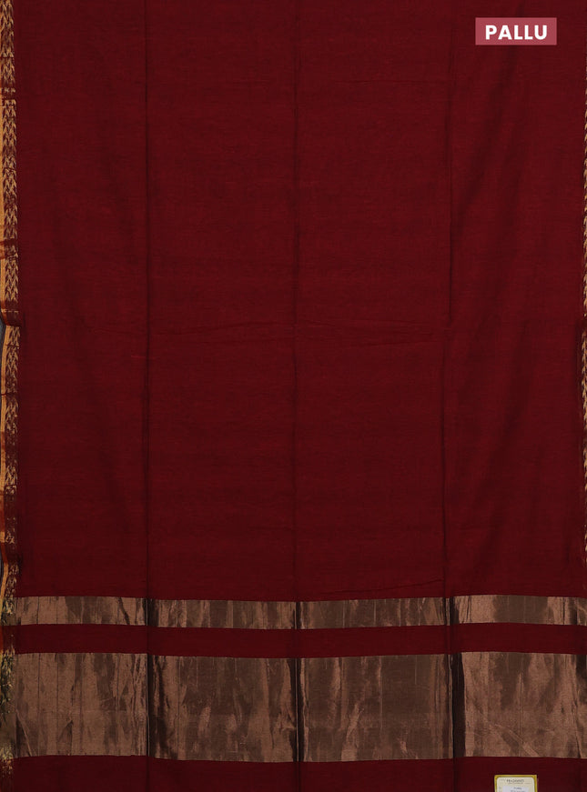 Bengal soft cotton saree maroon and blue with plain body and zari woven border