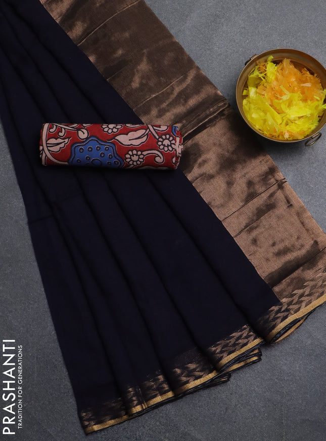 Bengal soft cotton saree navy blue and maroon with plain body and zari woven border