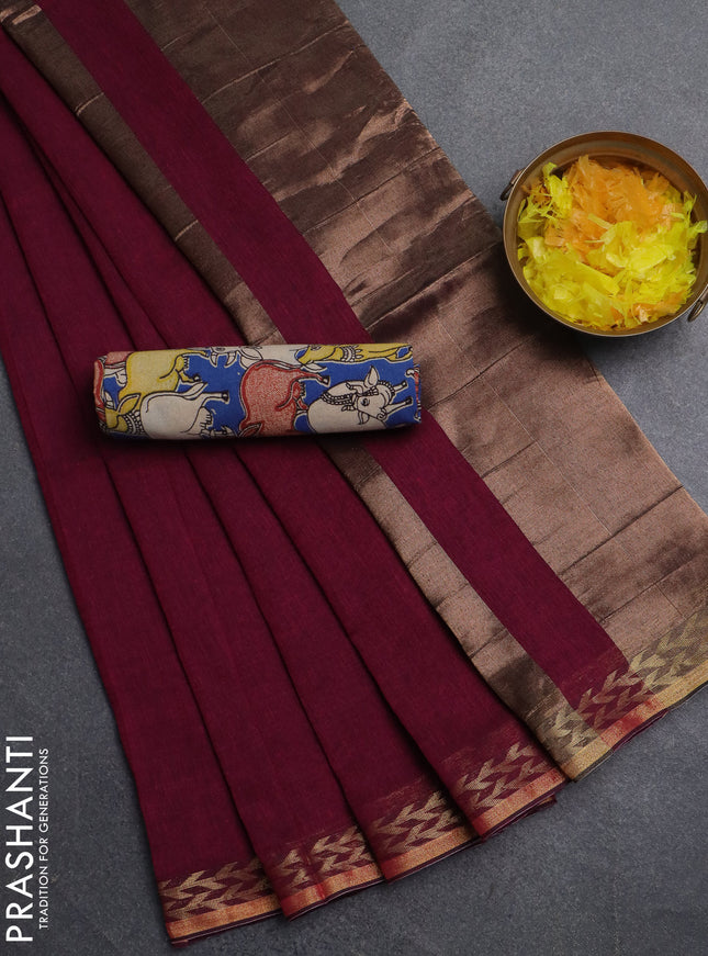 Bengal soft cotton saree magenta pink and blue with plain body and zari woven border
