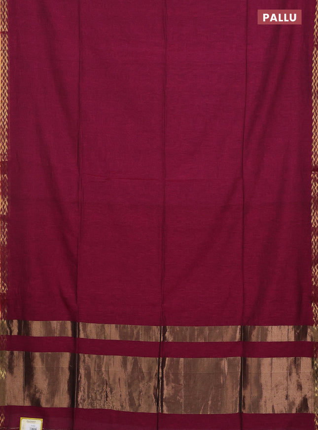 Bengal soft cotton saree magenta pink and blue with plain body and zari woven border