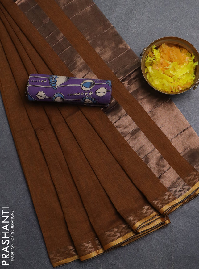 Bengal soft cotton saree dark mustard and violet shade with plain body and zari woven border