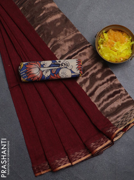 Bengal soft cotton saree maroon and mustard yellow with plain body and zari woven border