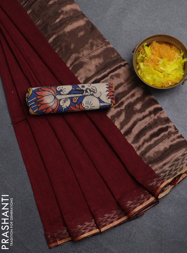 Bengal soft cotton saree maroon and mustard yellow with plain body and zari woven border