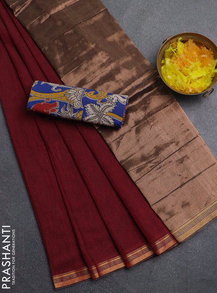 Bengal soft cotton saree maroon and blue with plain body and zari woven border